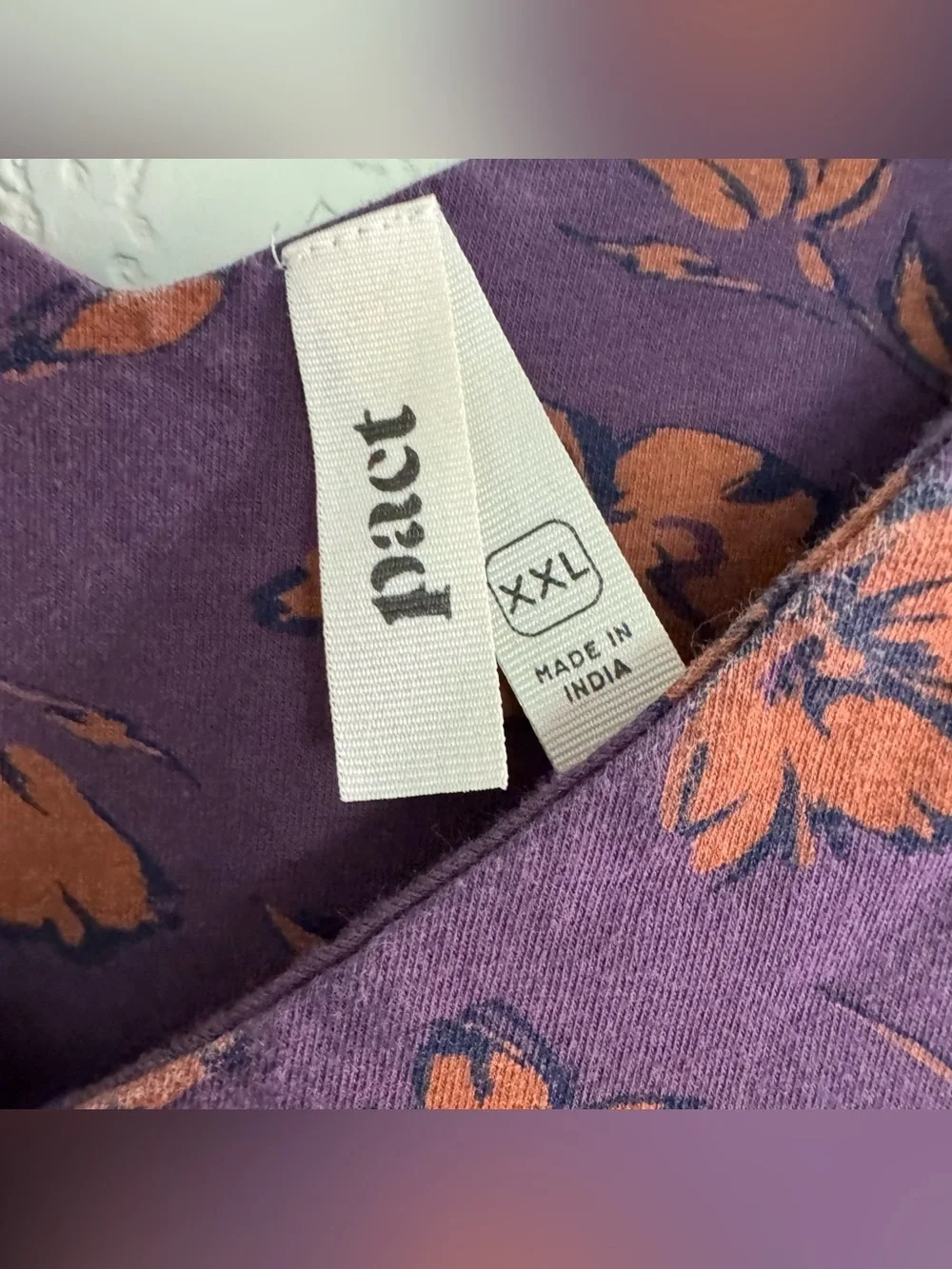 Pact Purple Tan Midi Dress Floral Earthy Organic Cotton V-neck 3/4 Sleeve XXL